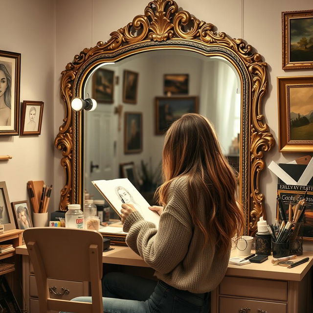 A young woman sitting at a vanity, facing a large ornate mirror, intently drawing a self-portrait