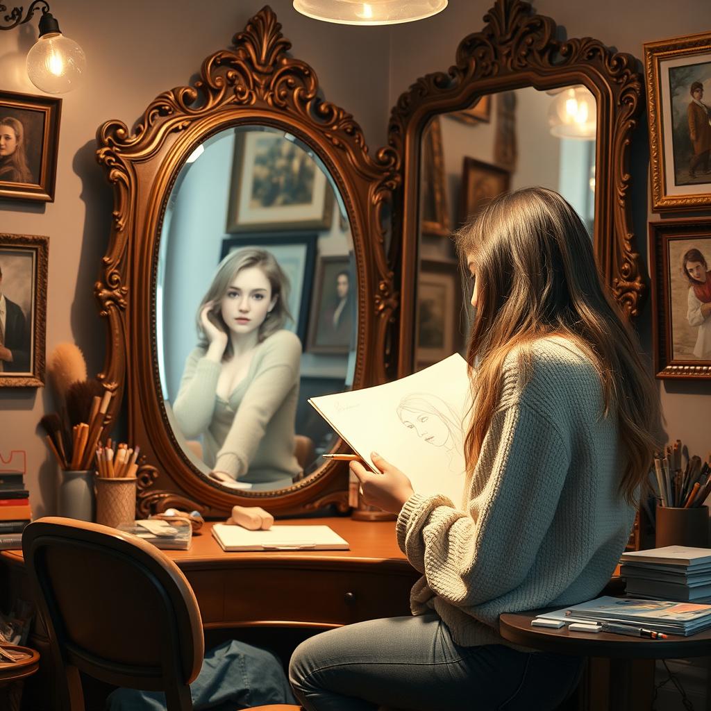A young woman sitting at a vanity, facing a large ornate mirror, intently drawing a self-portrait