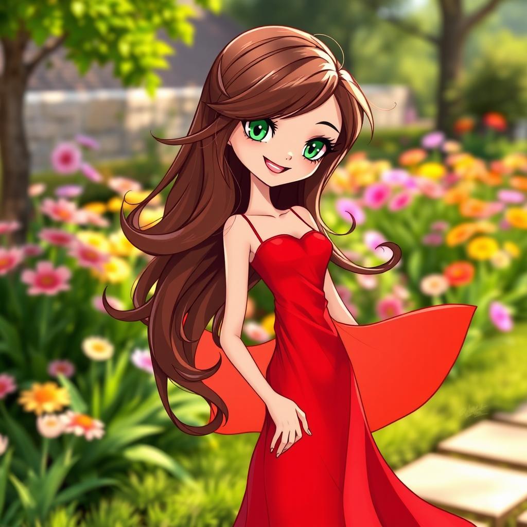 A stylish girl character with long wavy brown hair, wearing a vibrant red dress that flows elegantly around her