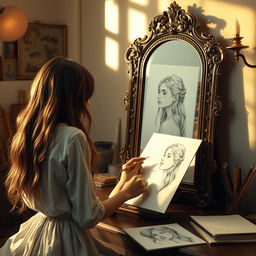 A young woman sitting at a vanity, facing a large ornate mirror