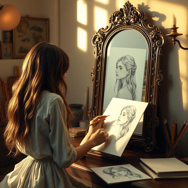 A young woman sitting at a vanity, facing a large ornate mirror