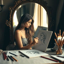A young woman sitting at a vanity, facing a large ornate mirror