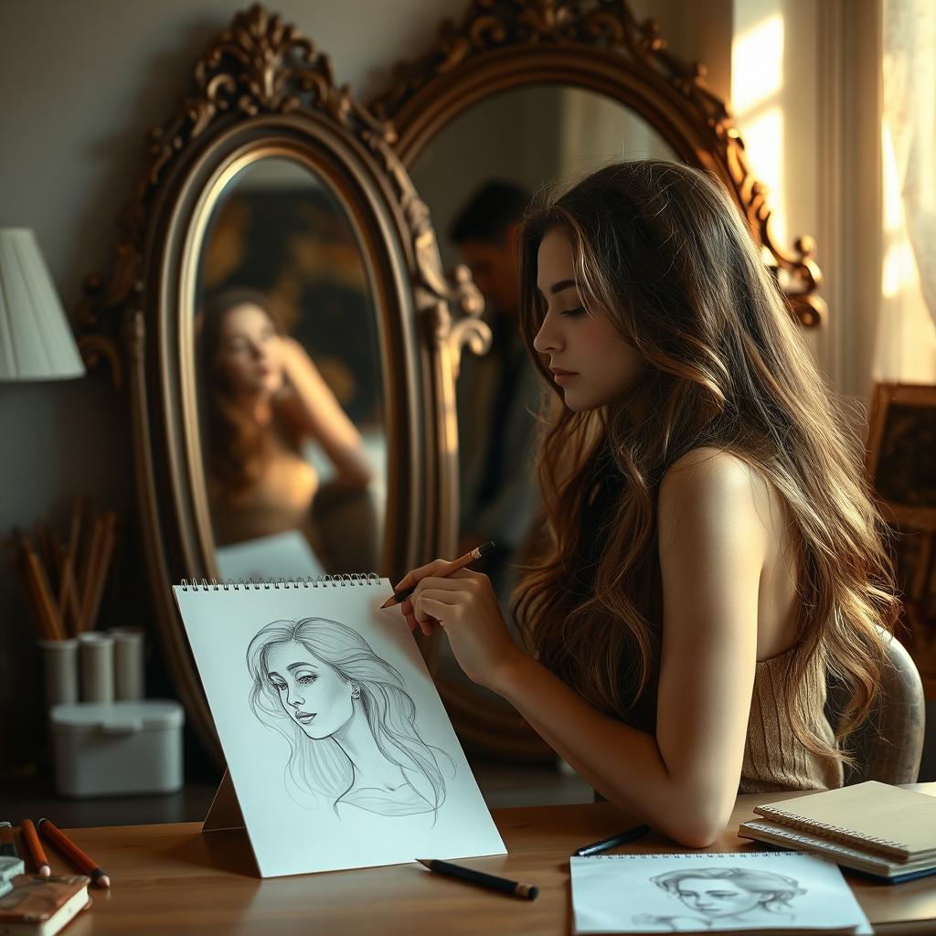 A young woman sitting at a vanity, facing a large ornate mirror