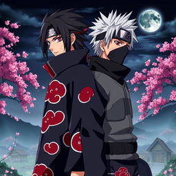 A dynamic portrait featuring two iconic characters from the Naruto series, Itachi Uchiha and Kakashi Hatake, standing back-to-back in a dramatic pose