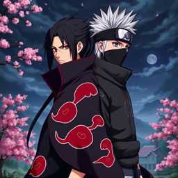 A dynamic portrait featuring two iconic characters from the Naruto series, Itachi Uchiha and Kakashi Hatake, standing back-to-back in a dramatic pose