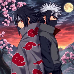 A dynamic portrait featuring two iconic characters from the Naruto series, Itachi Uchiha and Kakashi Hatake, standing back-to-back in a dramatic pose