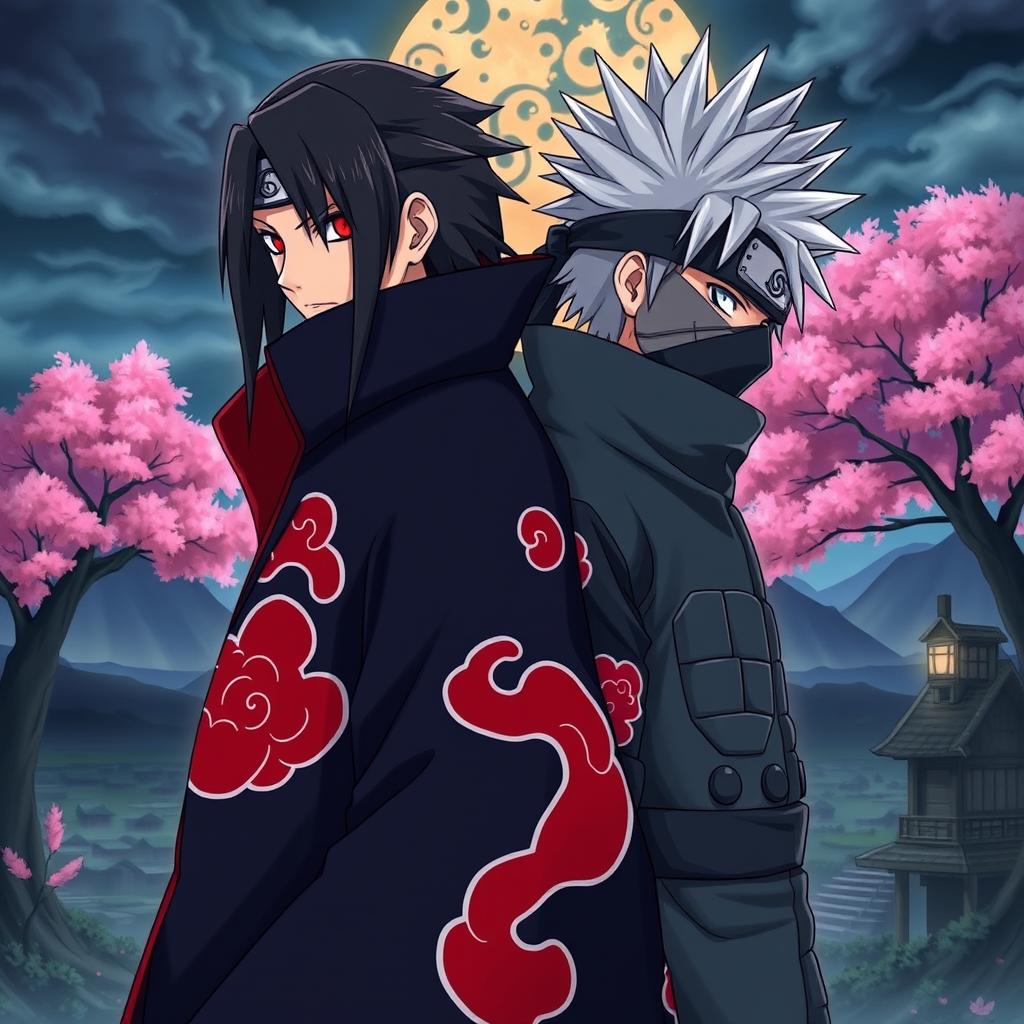 A dynamic portrait featuring two iconic characters from the Naruto series, Itachi Uchiha and Kakashi Hatake, standing back-to-back in a dramatic pose