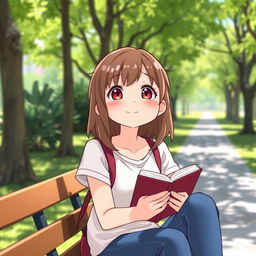 A girl character with an ordinary appearance, wearing casual clothes like a simple t-shirt and jeans, with medium-length brown hair and a friendly smile