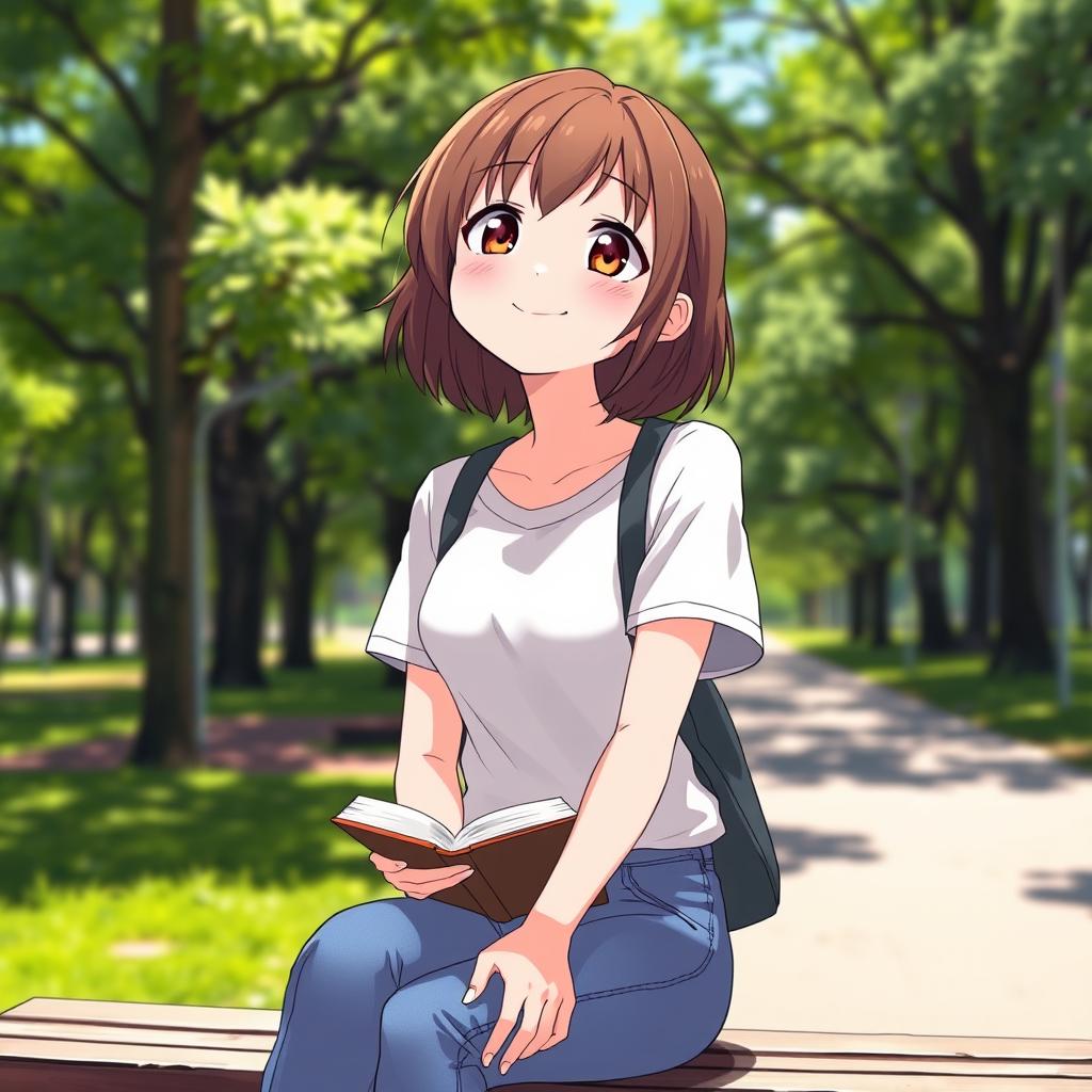 A girl character with an ordinary appearance, wearing casual clothes like a simple t-shirt and jeans, with medium-length brown hair and a friendly smile