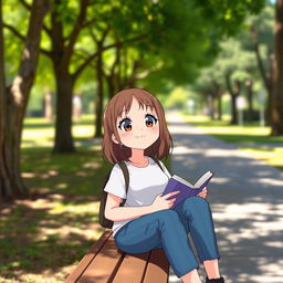 A girl character with an ordinary appearance, wearing casual clothes like a simple t-shirt and jeans, with medium-length brown hair and a friendly smile