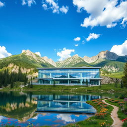 A stunning modern building nestled in a mountain landscape, featuring sleek glass and steel architecture that reflects the surrounding natural beauty
