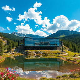 A stunning modern building nestled in a mountain landscape, featuring sleek glass and steel architecture that reflects the surrounding natural beauty