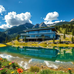 A stunning modern building nestled in a mountain landscape, featuring sleek glass and steel architecture that reflects the surrounding natural beauty