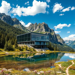 A stunning modern building nestled in a mountain landscape, featuring sleek glass and steel architecture that reflects the surrounding natural beauty
