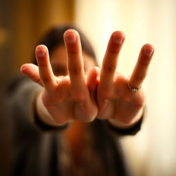 A close-up of a pair of well-manicured hands reaching out towards the camera, with fingertips almost touching the lens, conveying a sense of interaction and connection