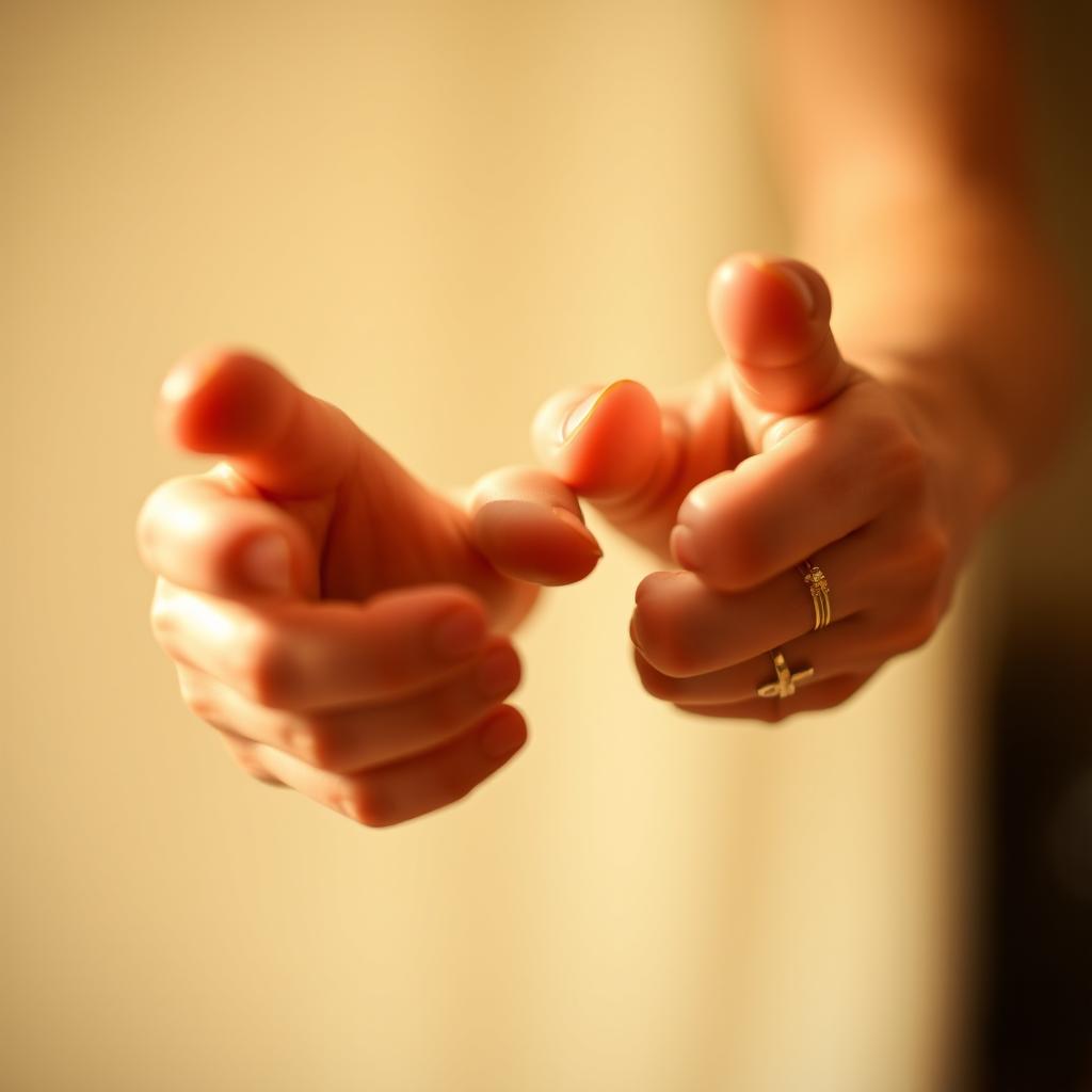 A close-up of a pair of well-manicured hands reaching out towards the camera, with fingertips almost touching the lens, conveying a sense of interaction and connection