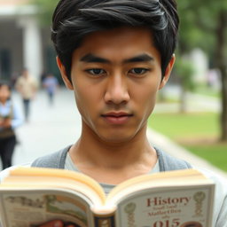 A close-up portrait of Qori', a young man from East Lombok, with a serious expression as he reads a history book on a university campus