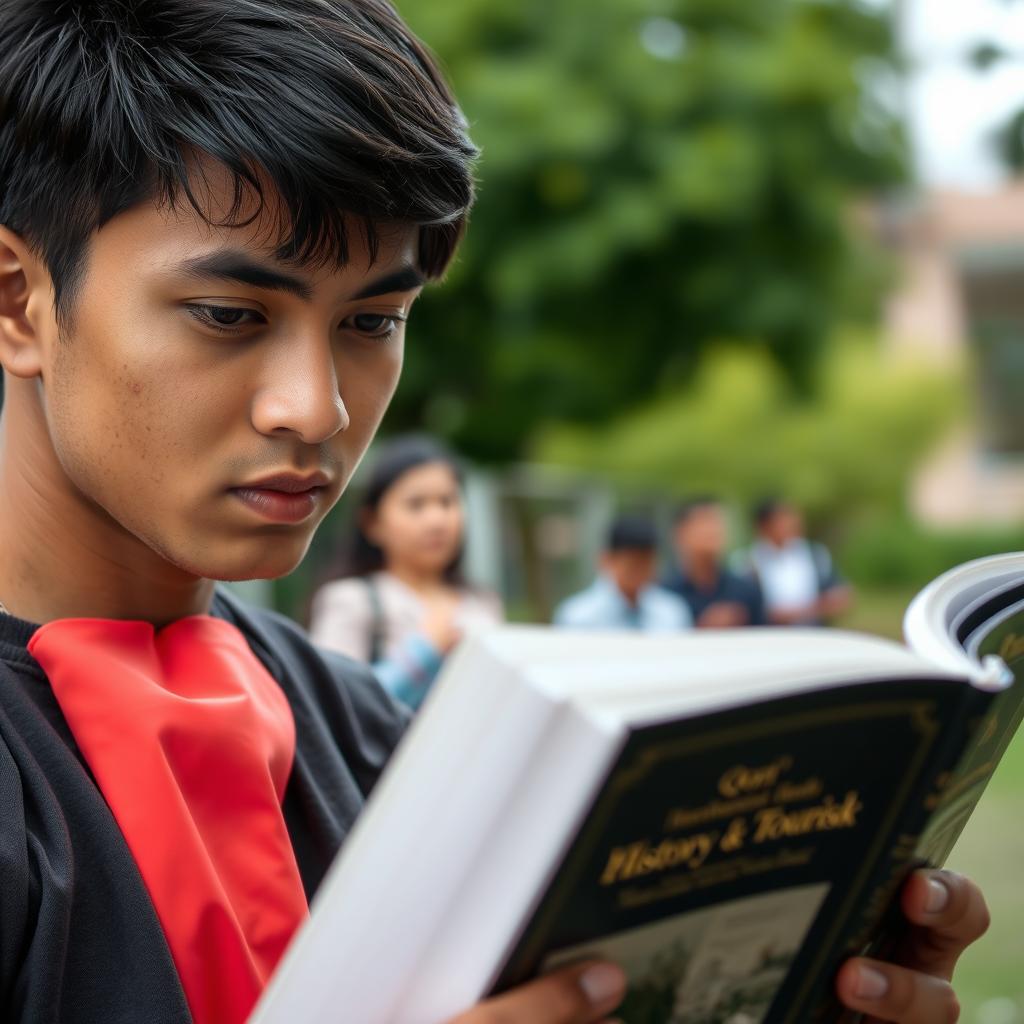 A close-up portrait of Qori', a young man from East Lombok, with a serious expression as he reads a history book on a university campus