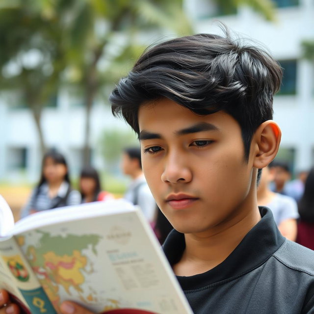 A close-up portrait of Qori', a young man from East Lombok, with a serious expression as he reads a history book on a university campus