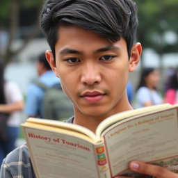 A close-up portrait of Qori', a young man from East Lombok, with a serious expression as he reads a history book on a university campus