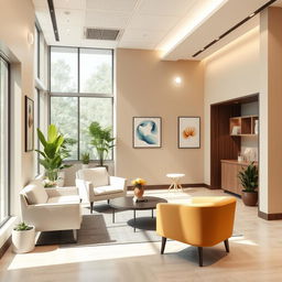 Design proposal for a modern clinic specializing in Eating Disorders, featuring a spacious and welcoming consulting room with comfortable seating, calming colors, and natural light