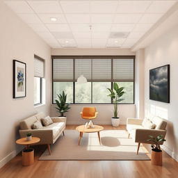 Design proposal for a modern clinic specializing in Eating Disorders, featuring a spacious and welcoming consulting room with comfortable seating, calming colors, and natural light