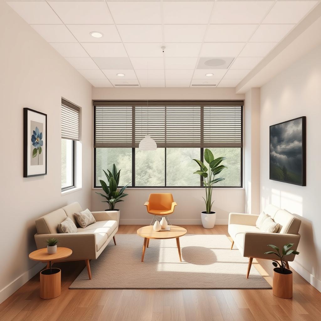 Design proposal for a modern clinic specializing in Eating Disorders, featuring a spacious and welcoming consulting room with comfortable seating, calming colors, and natural light