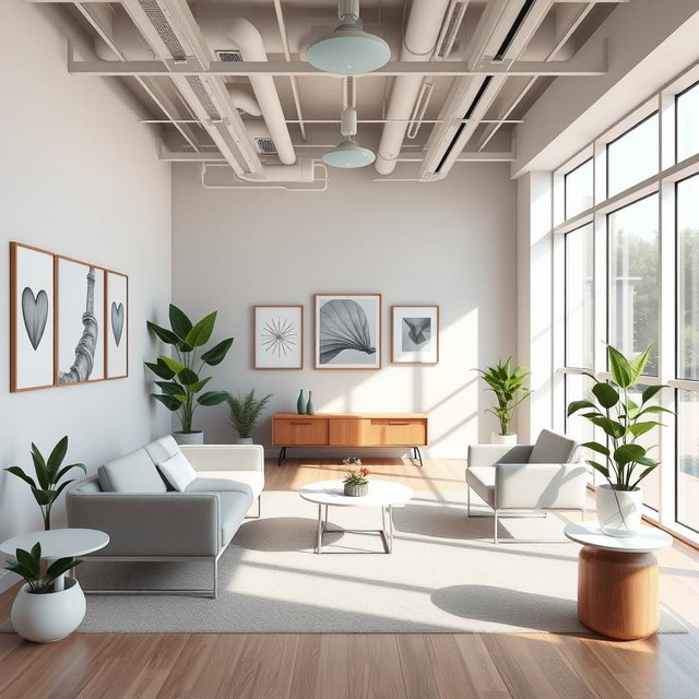 Design proposal for a modern clinic specializing in Eating Disorders, featuring a spacious and welcoming consulting room with comfortable seating, calming colors, and natural light