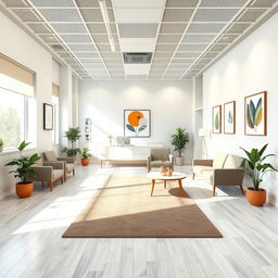 Design proposal for a modern clinic specializing in Eating Disorders, featuring a spacious and welcoming consulting room with comfortable seating, calming colors, and natural light