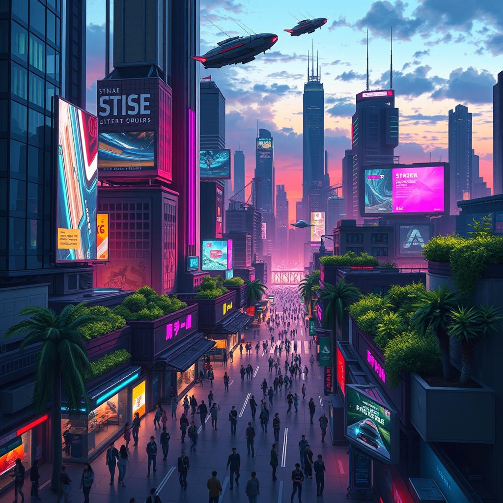 A modern digital drawing showcasing a futuristic cityscape at dusk, filled with vibrant neon lights and towering skyscrapers