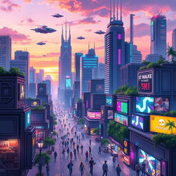 A modern digital drawing showcasing a futuristic cityscape at dusk, filled with vibrant neon lights and towering skyscrapers