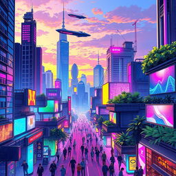 A modern digital drawing showcasing a futuristic cityscape at dusk, filled with vibrant neon lights and towering skyscrapers