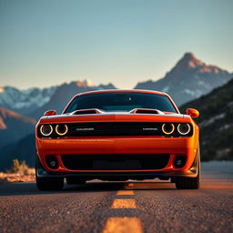 A stunning high-definition photo of a Dodge Challenger, showcasing its muscular design and aggressive front grille, parked on a scenic mountain road during sunset