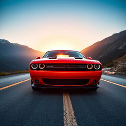 A stunning high-definition photo of a Dodge Challenger, showcasing its muscular design and aggressive front grille, parked on a scenic mountain road during sunset