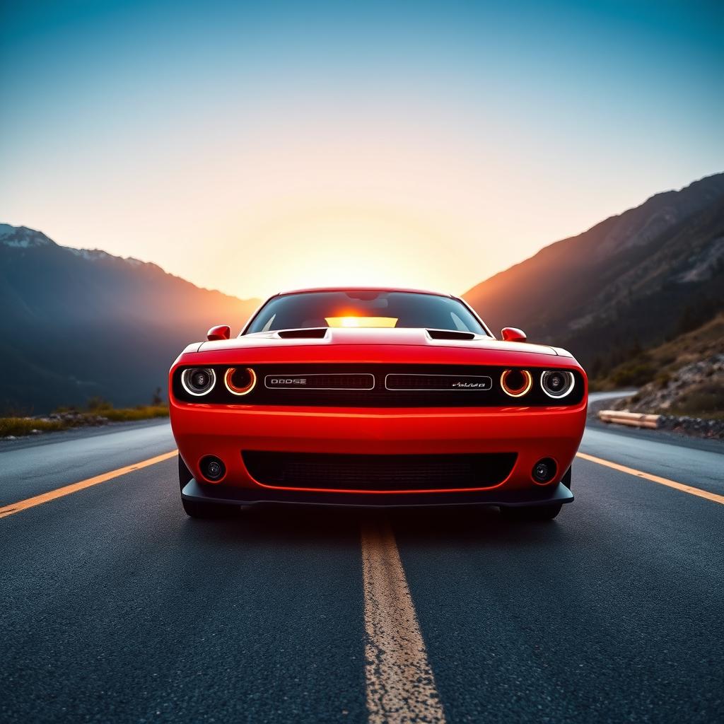 A stunning high-definition photo of a Dodge Challenger, showcasing its muscular design and aggressive front grille, parked on a scenic mountain road during sunset