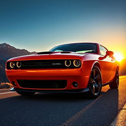 A stunning high-definition photo of a Dodge Challenger, showcasing its muscular design and aggressive front grille, parked on a scenic mountain road during sunset