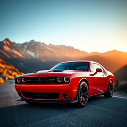 A stunning high-definition photo of a Dodge Challenger, showcasing its muscular design and aggressive front grille, parked on a scenic mountain road during sunset