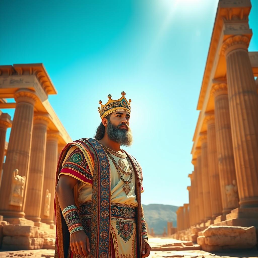 A majestic depiction of Cyrus the Great standing proudly at Persepolis, the ancient ceremonial capital of the Achaemenid Empire