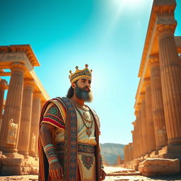 A majestic depiction of Cyrus the Great standing proudly at Persepolis, the ancient ceremonial capital of the Achaemenid Empire