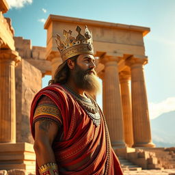 A majestic depiction of Cyrus the Great standing proudly at Persepolis, the ancient ceremonial capital of the Achaemenid Empire