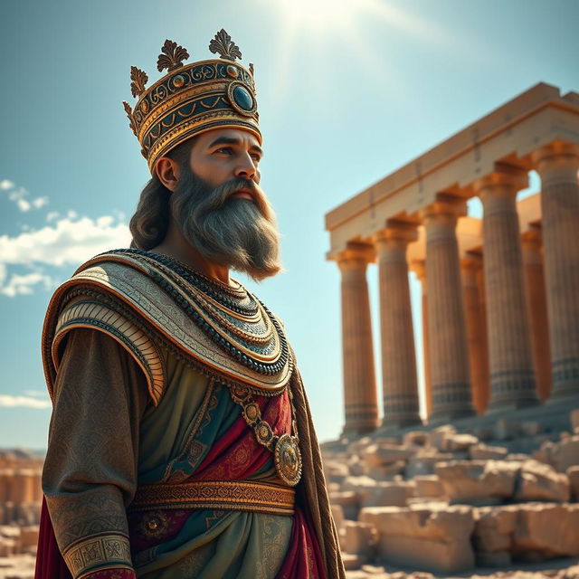 A majestic depiction of Cyrus the Great standing proudly at Persepolis, the ancient ceremonial capital of the Achaemenid Empire