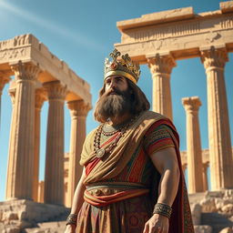 A majestic depiction of Cyrus the Great standing proudly at Persepolis, the ancient ceremonial capital of the Achaemenid Empire
