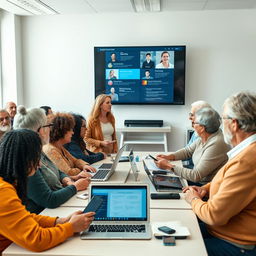 A group of diverse individuals aged between 30 and 60 years old, actively participating in a digital skills training session