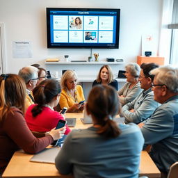 A group of diverse individuals aged between 30 and 60 years old, actively participating in a digital skills training session