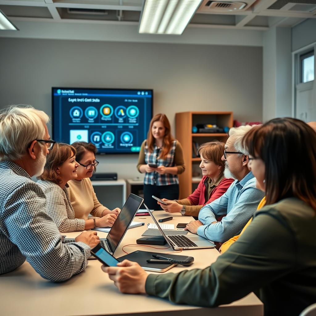 A group of diverse individuals aged between 30 and 60 years old, actively participating in a digital skills training session