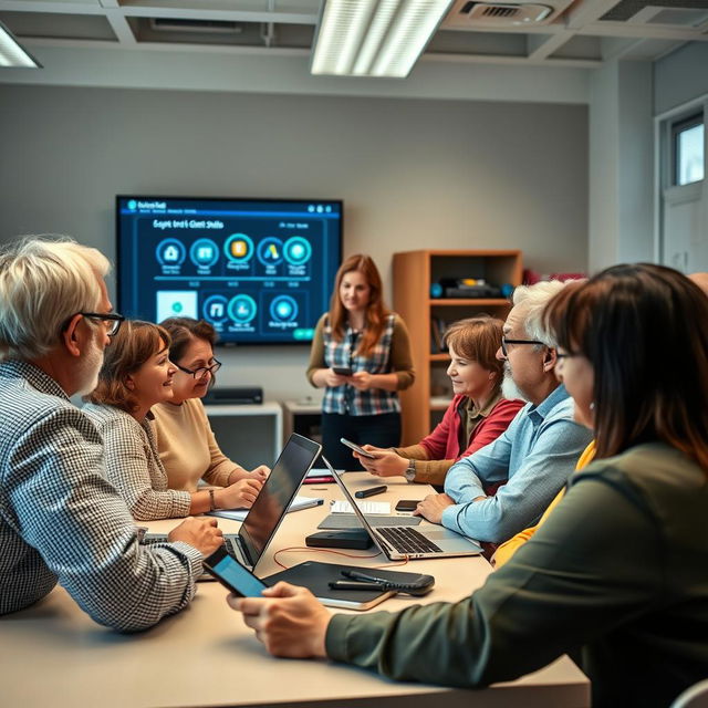 A group of diverse individuals aged between 30 and 60 years old, actively participating in a digital skills training session