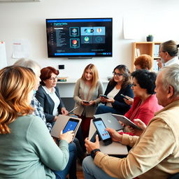 A group of diverse individuals aged between 30 and 60 years old, actively participating in a digital skills training session