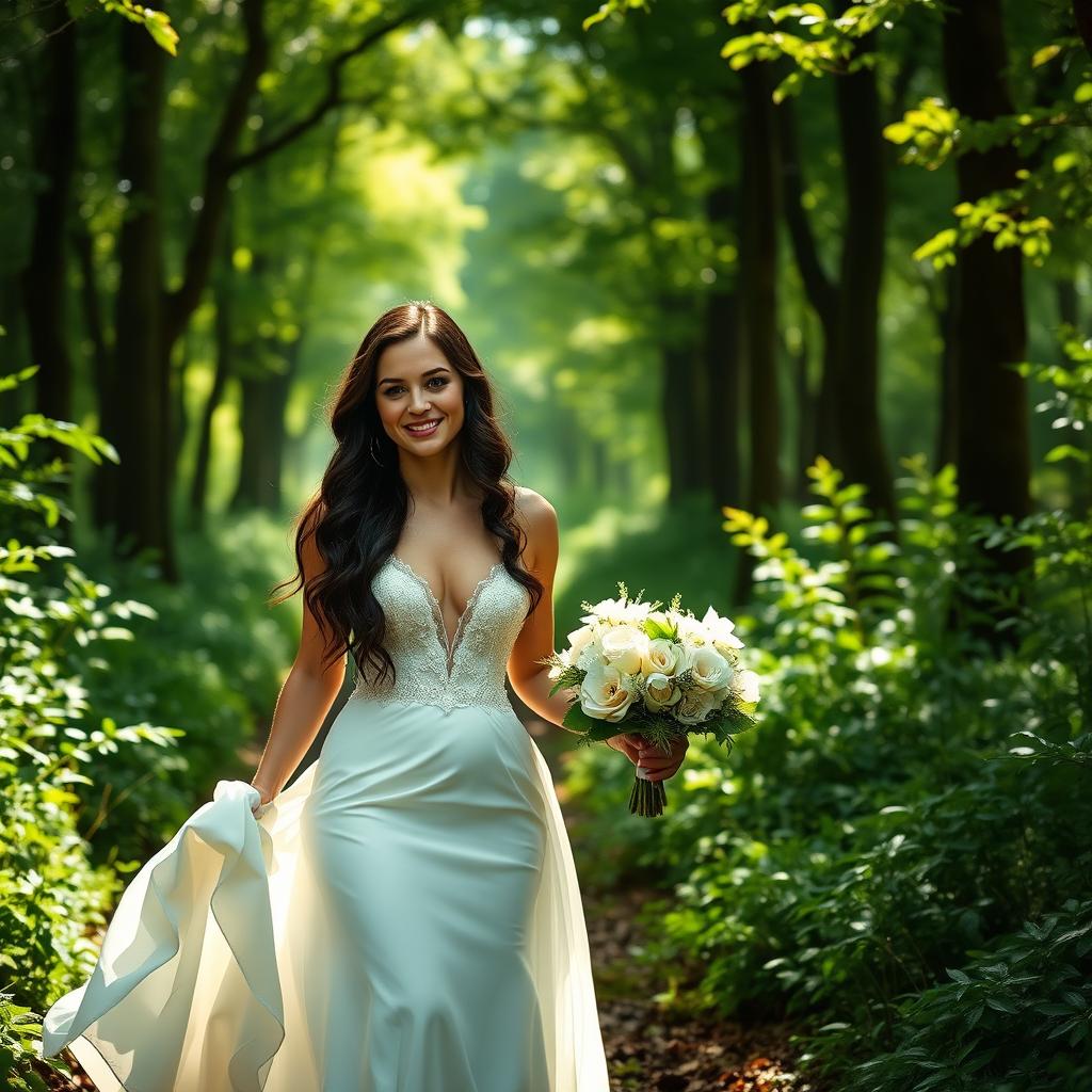 A young Italian woman with dark long wavy hair and mesmerizing blue eyes, reminiscent of Mila Kunis, gracefully walking through an enchanting forest in her elegant wedding gown