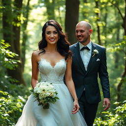 A young Italian woman with dark long wavy hair and mesmerizing blue eyes, reminiscent of Mila Kunis, gracefully walking through an enchanting forest in her elegant wedding gown