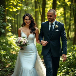 A young Italian woman with dark long wavy hair and mesmerizing blue eyes, reminiscent of Mila Kunis, gracefully walking through an enchanting forest in her elegant wedding gown